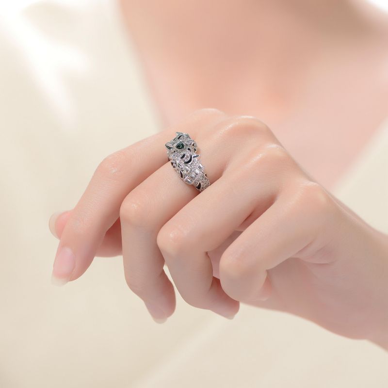 Women's White Gold Plated CZ Paved Panther Bypass Ring