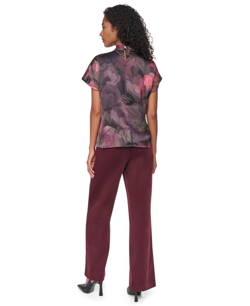 Women's Floral-Print Mock Neck Short-Sleeve Blouse