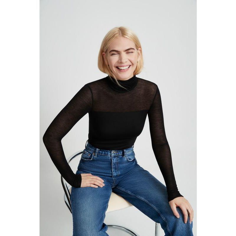 Women's Cara Fitted Turtleneck Top with Sheer Jersey Sleeves