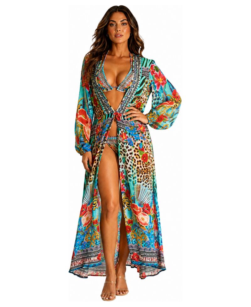 Women's Leopard-and-Floral-Print Long-Sleeve V-Neck Wrap Maxi Dress
