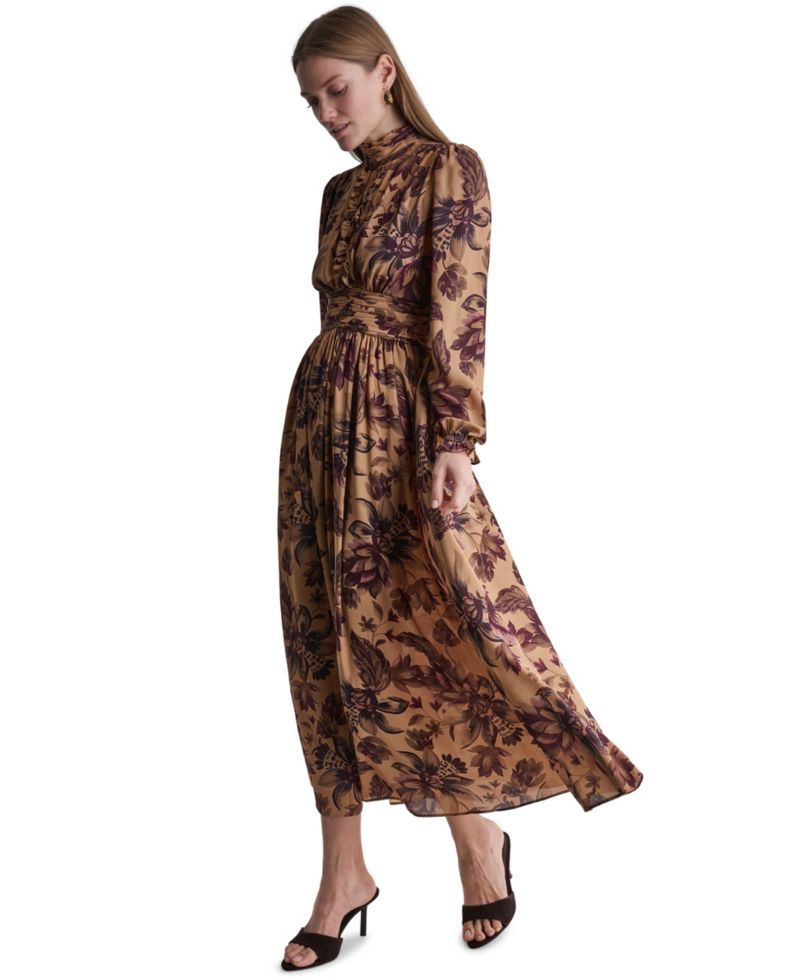 Women's Long Sleeve Floral-Print High-Neck Maxi Dress