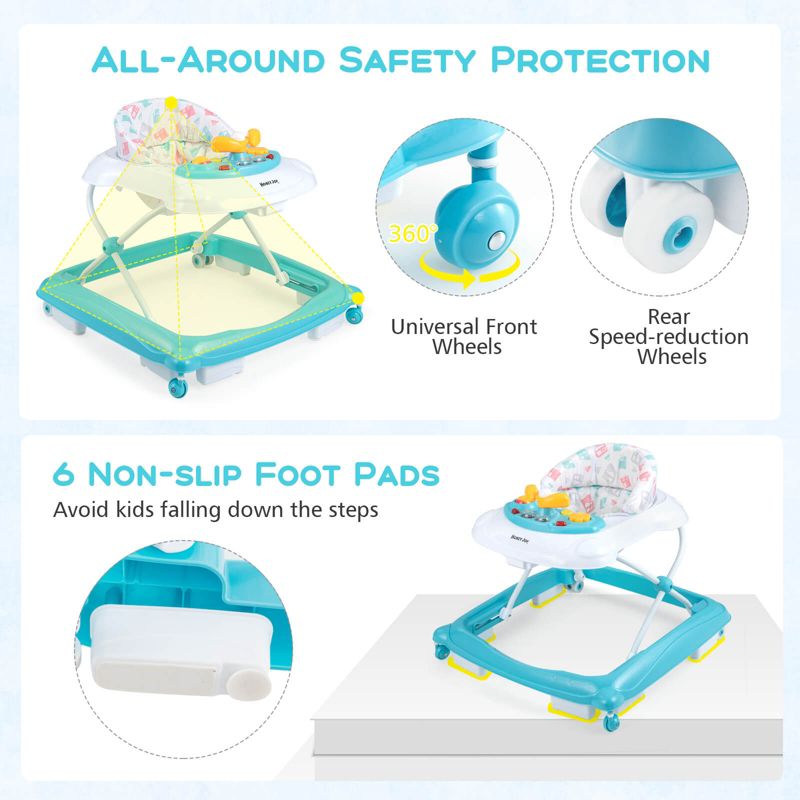 Foldable Baby Walker with 3 Adjustable Heights Comfy Padded Seat