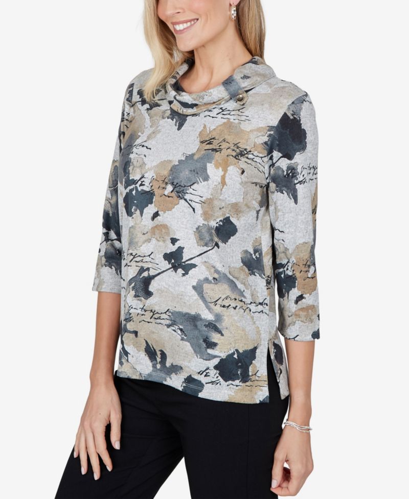 Petite Cowl Neck 3/4-Sleeve Print Blouse