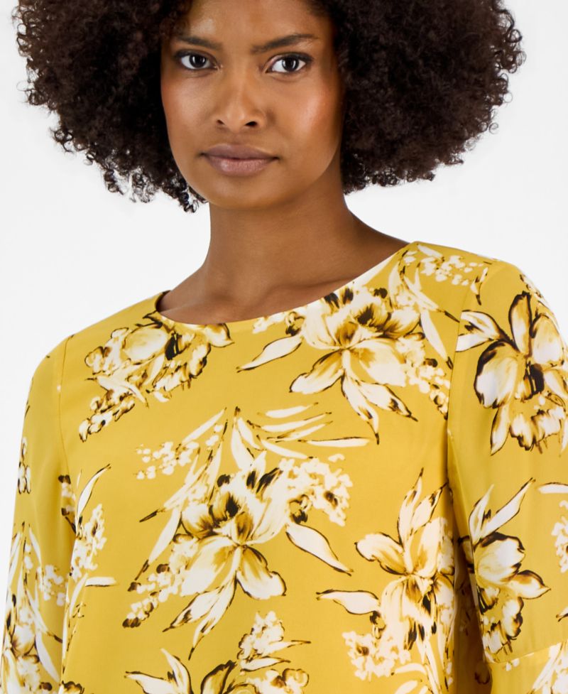 Women's 3/4 Ruffled-Sleeve Printed Top, Regular & Petite