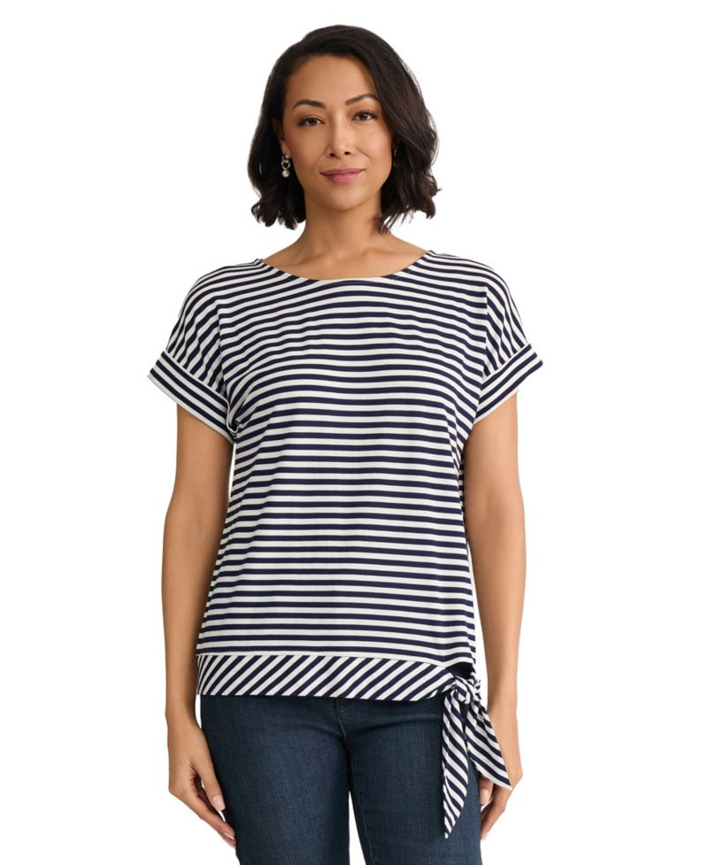 Petite Short-Sleeve Striped Side-Tie Boat Neck T-Shirt