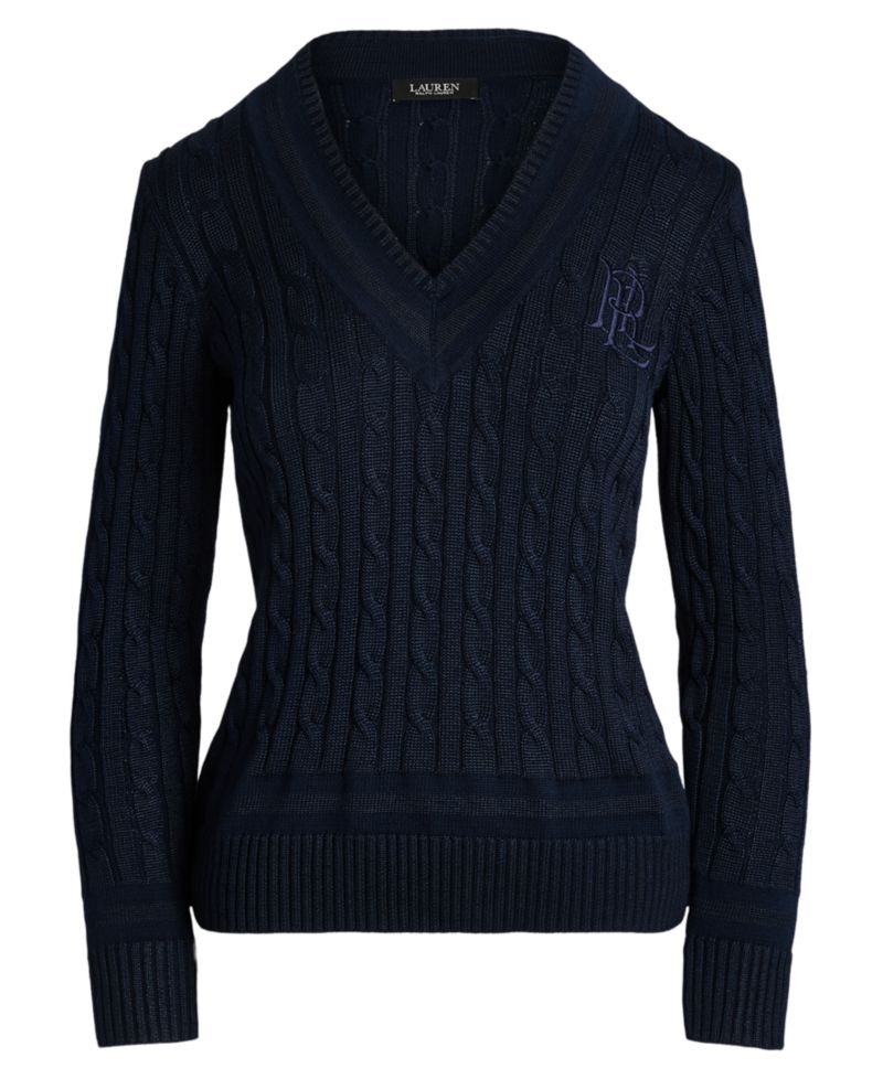 Petite Long-Sleeve V-Neck Cable Knit Sweater