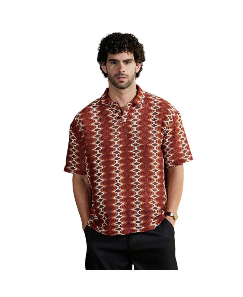 Men's Burnt Sienna Folk-Logenze Oversized Polo T-Shirt