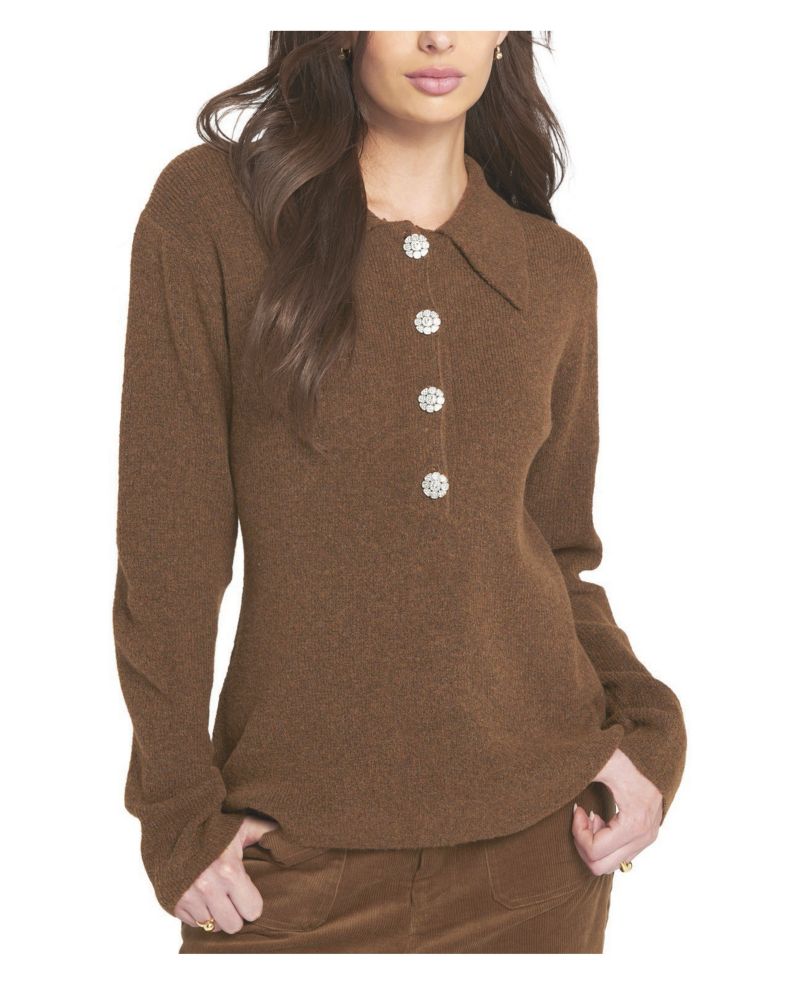 Women's Fuzzy Knit Jumper Henley Sweater