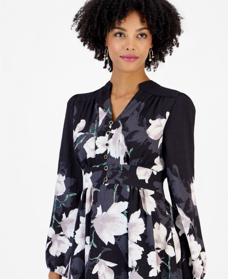 Women's Long-Sleeve V-Neck Floral-Print Shirt Dress