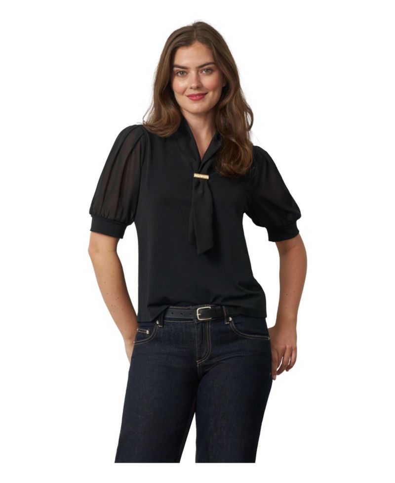 Women's Tie-Neck Short-Sleeve Puff Blouse