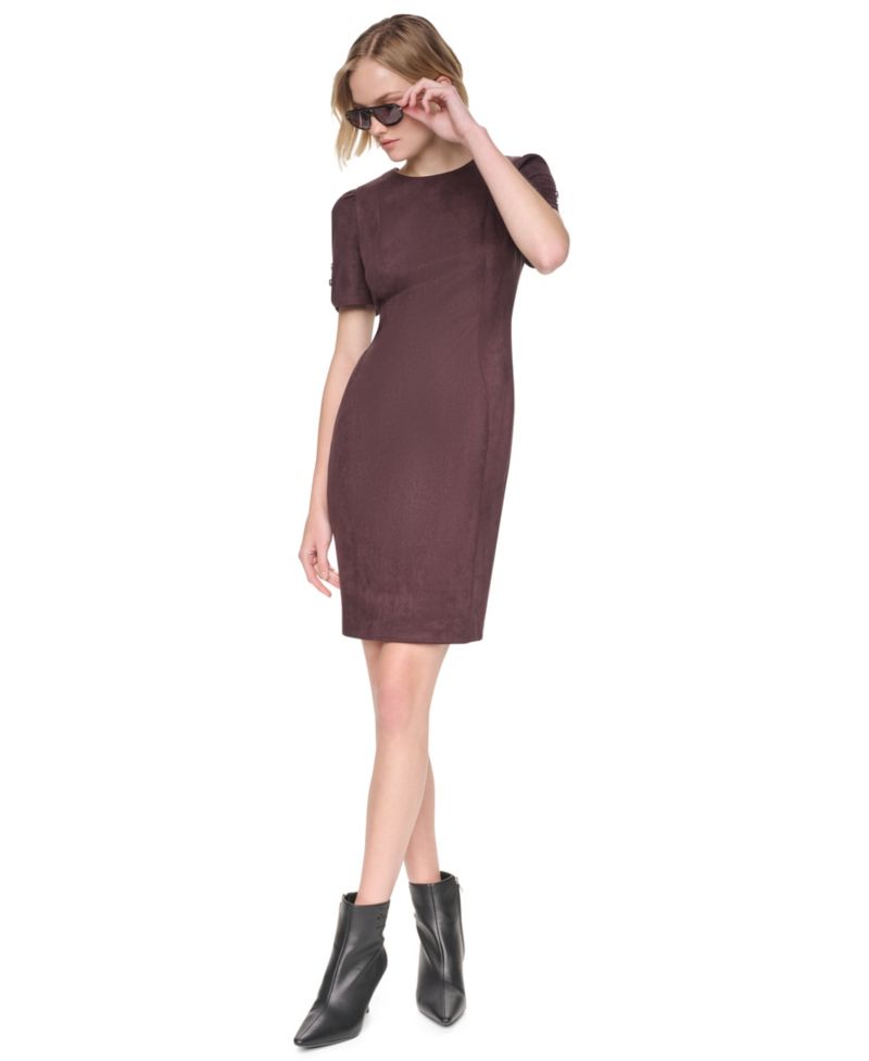 Women's Short-Sleeve Faux Suede Sheath Dress