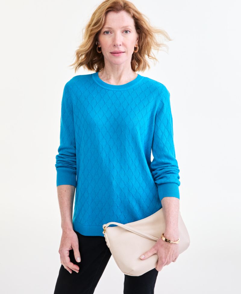 Petite Solid Curved Hem Crew Long-Sleeve Mixed-Textured Stitch Sweater