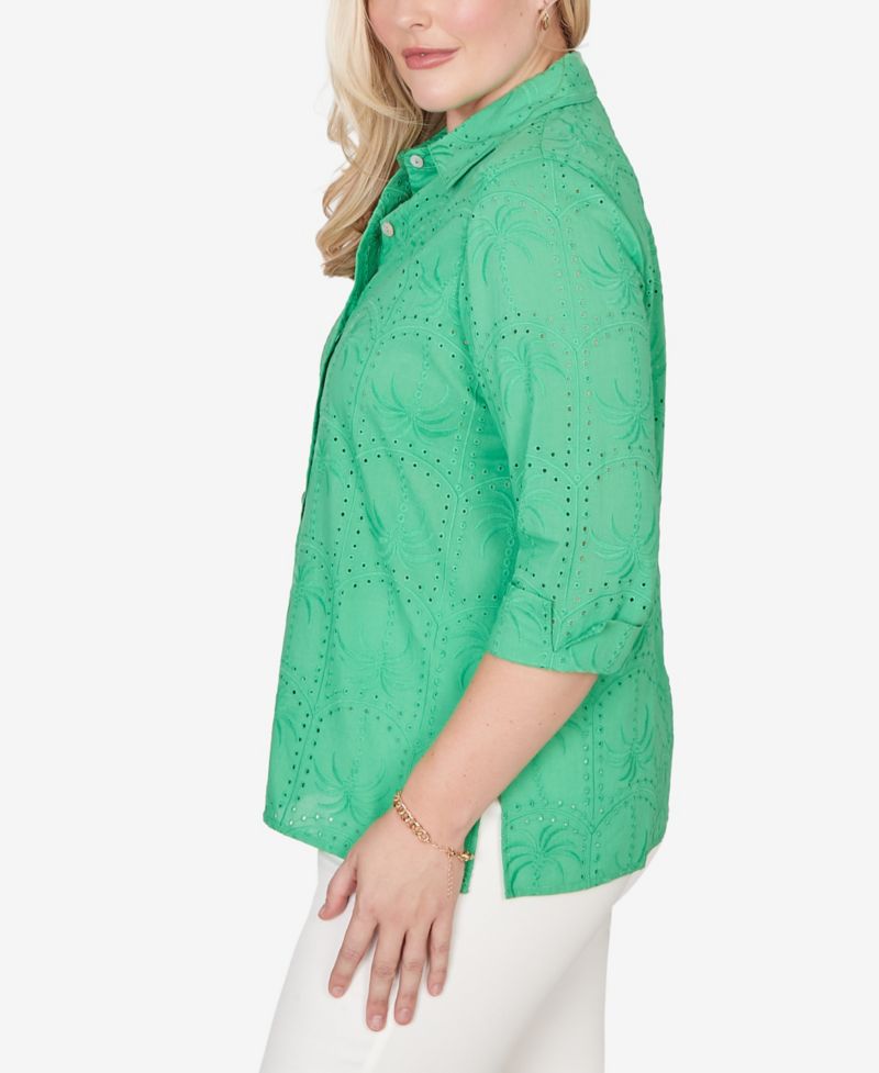 Petite Resort Living Eyelet Palm Tree Button-Front Top