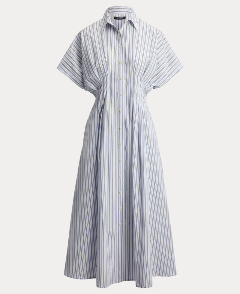 Women's Point Collar Striped Pleated Broadcloth Shirt-Dress