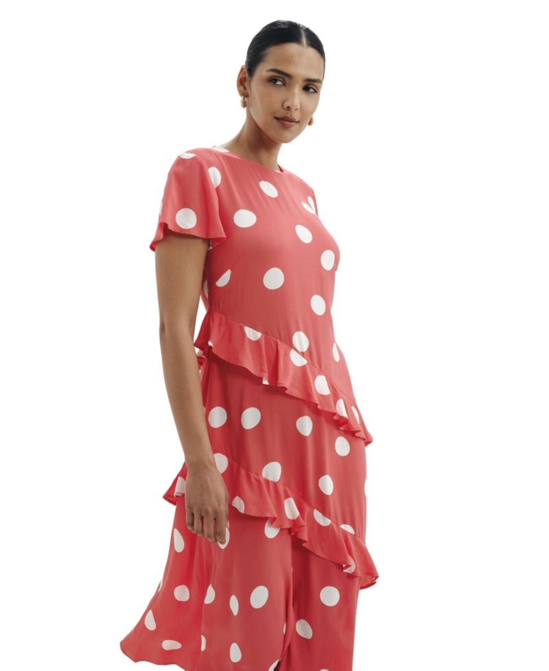 Women's Sierra Polka-Dot Asymmetric-Ruffle Midi Dress