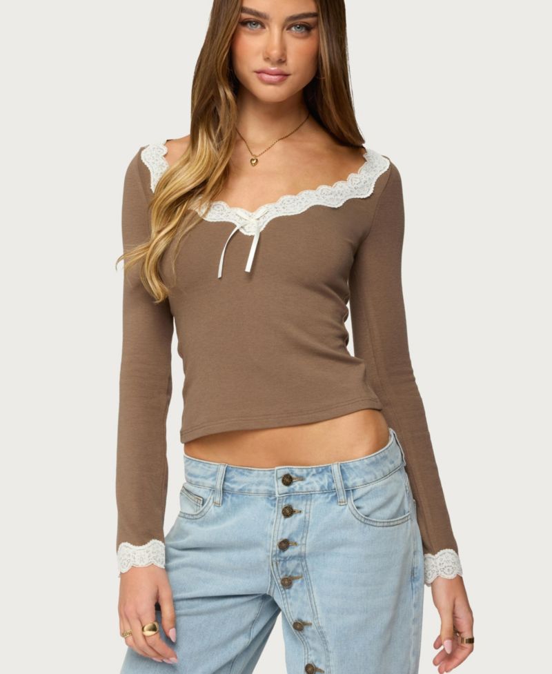 Womens Contrast Lacey Long Sleeve Top
