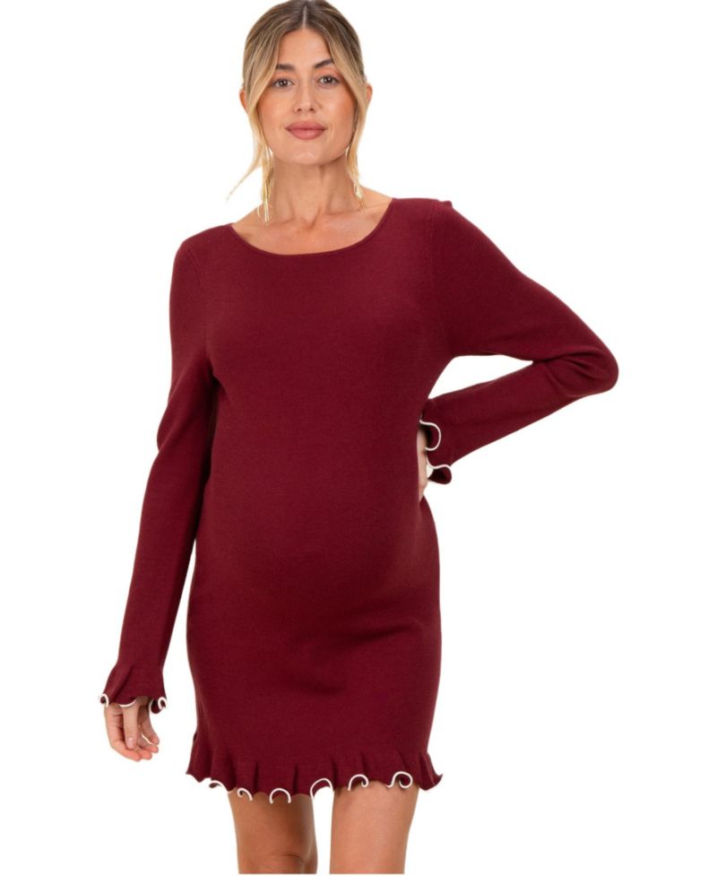 Women's Burgundy Long Sleeve Lettuce Trim Mini Dress