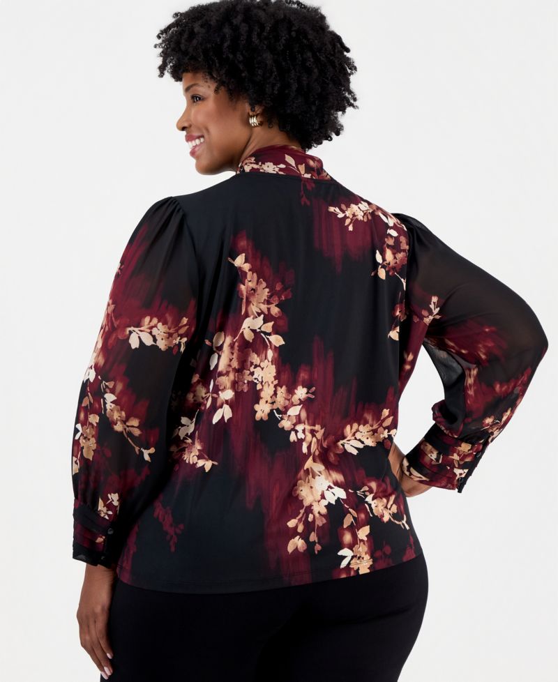 Plus Size Long Sleeve Tie Neck Floral Blouse