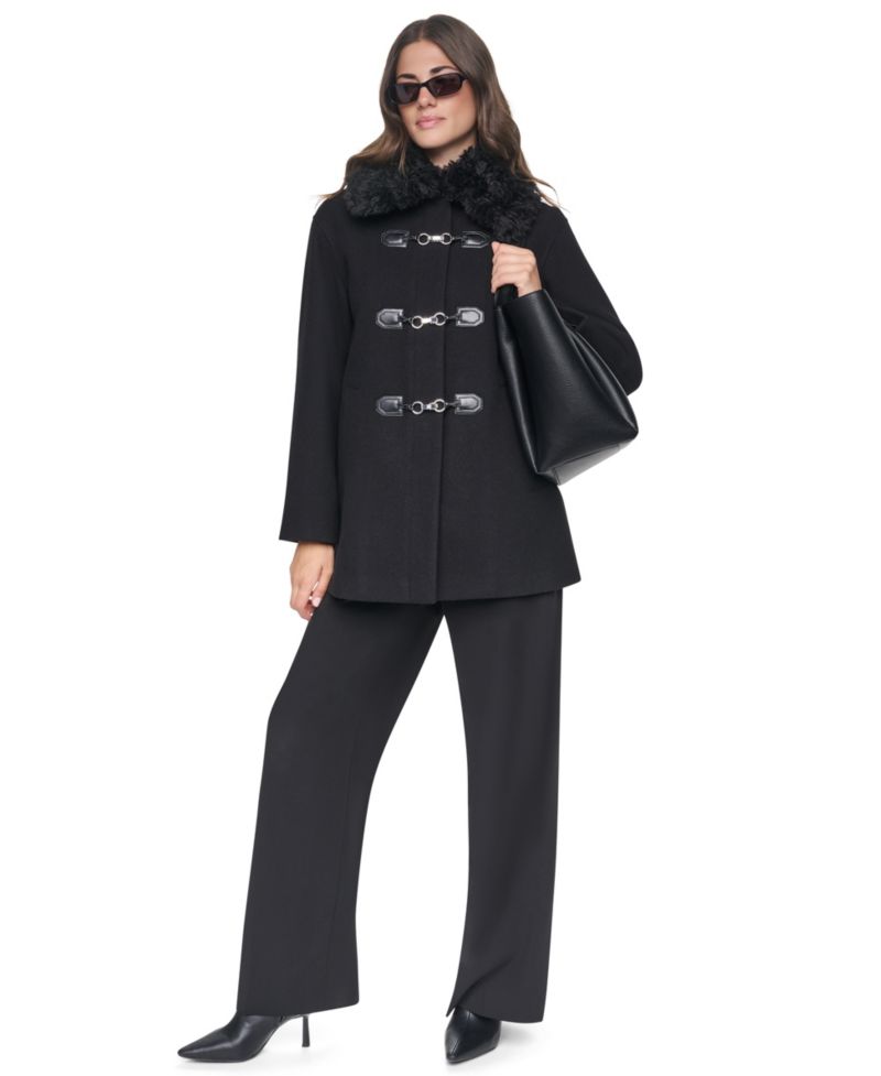 Women's Faux-Fur Collared Wool-Blend Mid-Length Coat