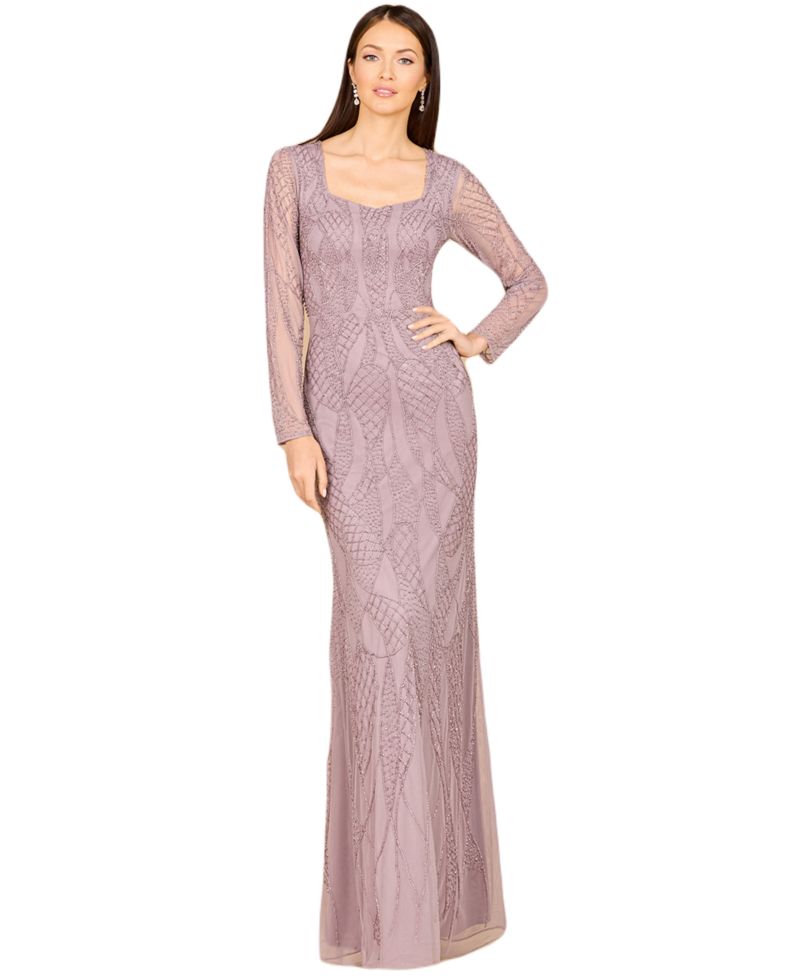 Women's V Neck Beaded Long Sleeve Dress