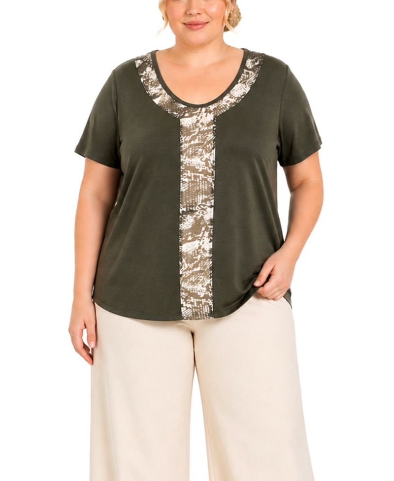 Plus Size Python Mesh Inset Short-Sleeve Top