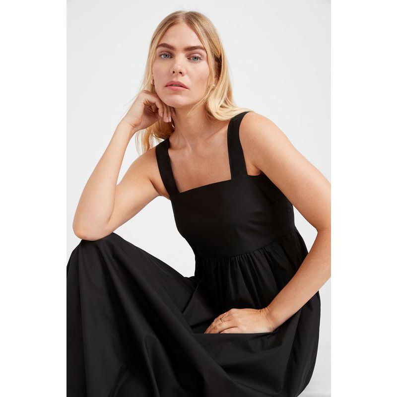 Women's Jamaica Square-Neck Cotton A-Line Midi Dress with Pockets