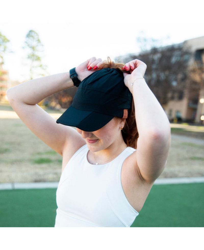 Women's Adjustable High Ponytail Running Hat - Black