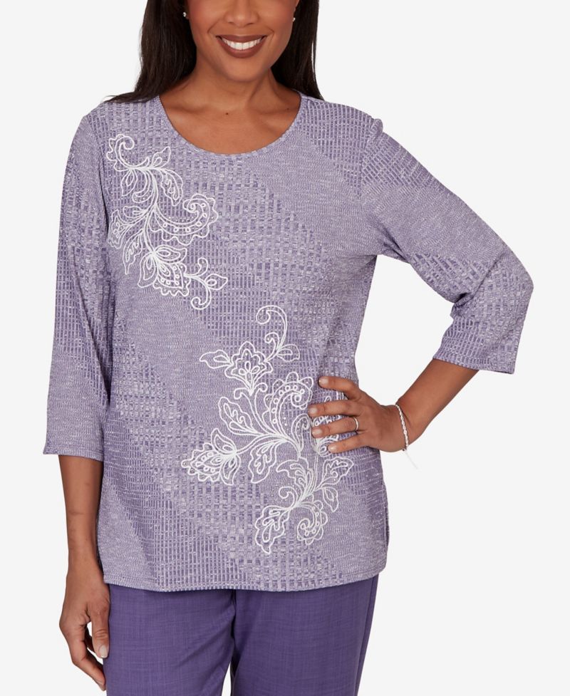 Petite Grand Bazaar Embroidered Diagonal Textured Knit Top