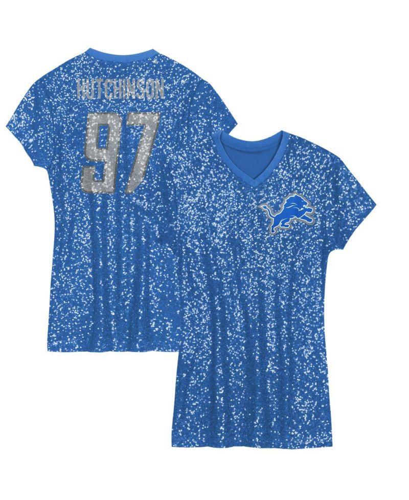 Big Girls Aidan Hutchinson Blue Detroit Lions Sequin Player Name & Number V-Neck Dress