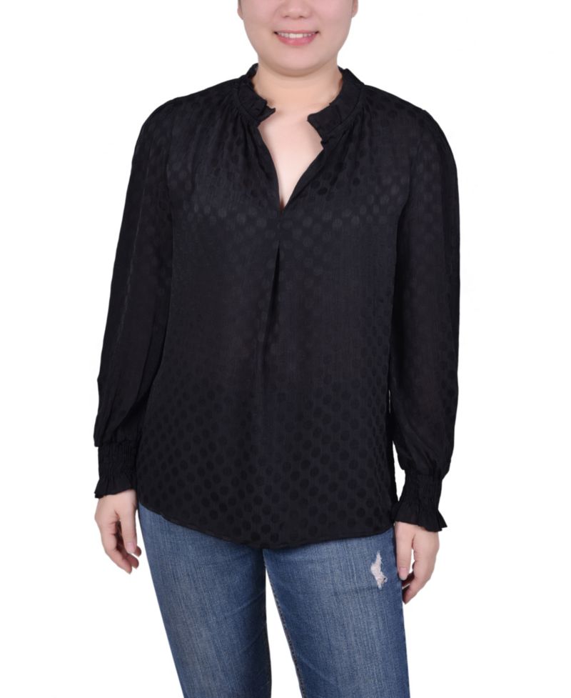 Petite Long Sleeve Smocked Cuff Blouse