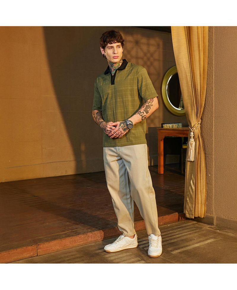 Men's Olive Green and Onyx Black Contrast Grid Polo T-Shirt