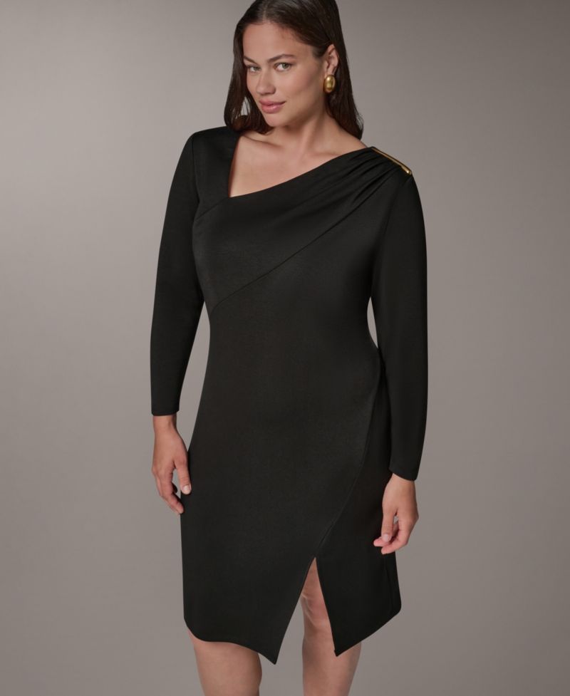 Petite Long-Sleeve Asymmetrical Neck Sheath Dress