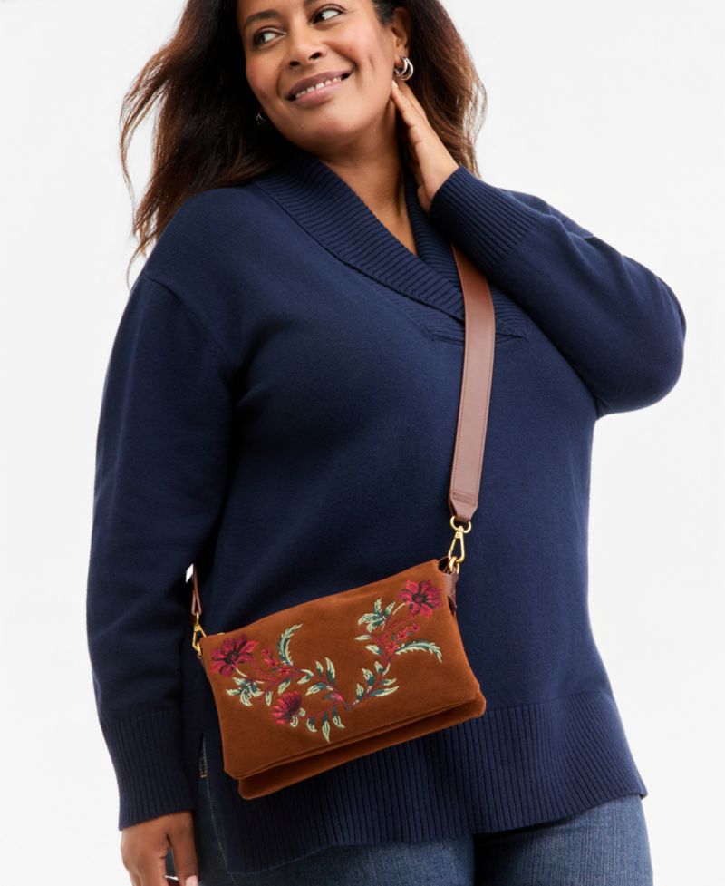 Floral Embroidered Double-Compartment Crossbody Bag