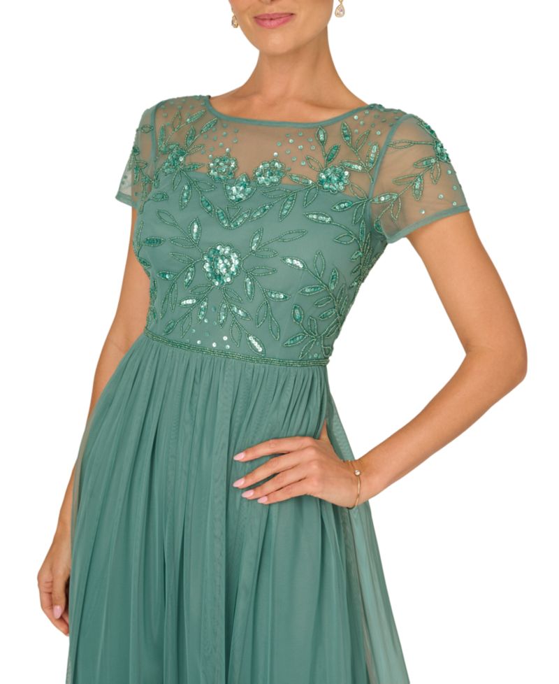 Petite Beaded Mesh Ball Gown