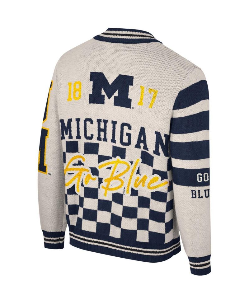 Men's and Women's Cream Michigan Wolverines Jacquard Full-Zip Sweater