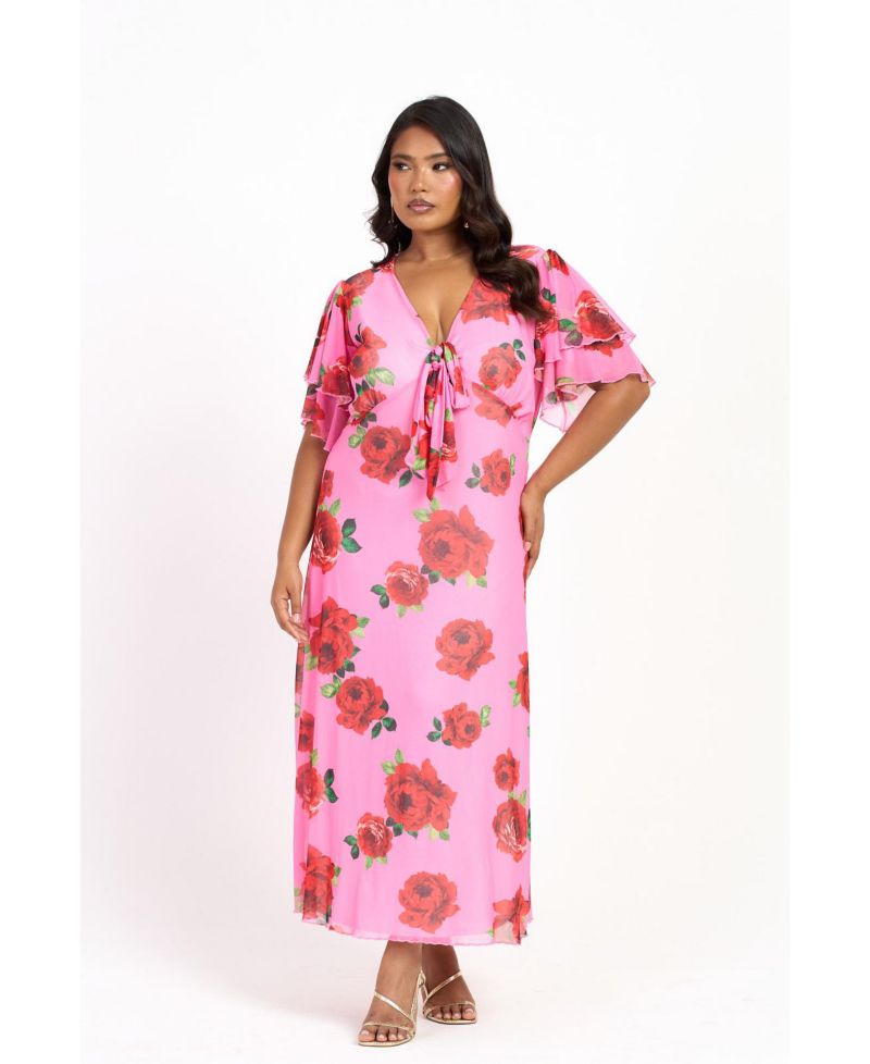 Women's Flutter Sleeve Tie Front Midi Dress