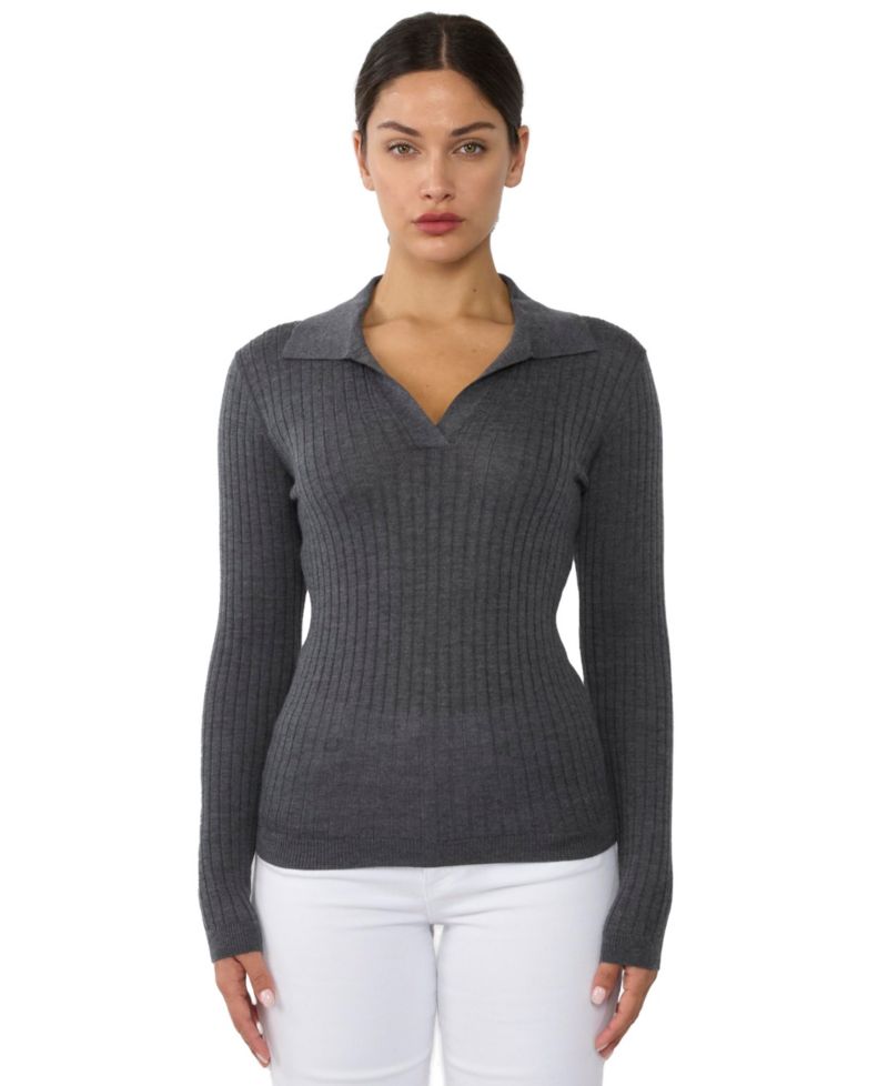 Women's Tissue Weight Cashmere Silk Rib-knit Johnny Collar Polo Sweater
