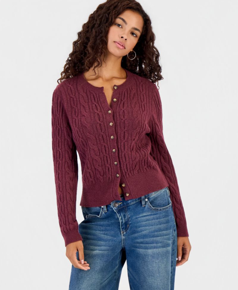Juniors' Cable-Knit Crew-Neck Cardigan