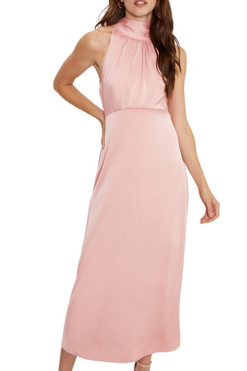Women's Satin Halter Neck Midi Bridesmaid Dress