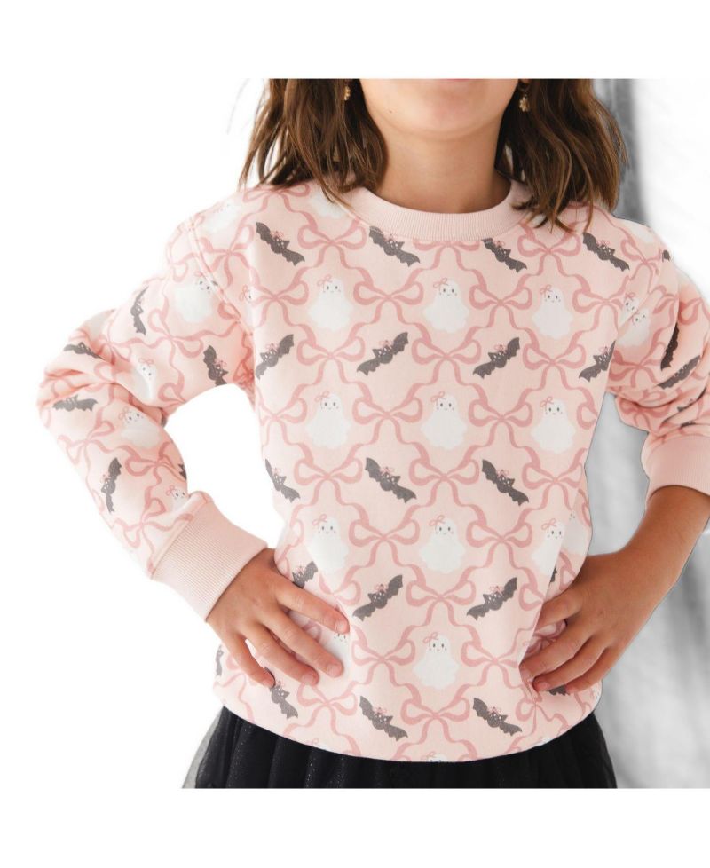 Little Girls ( 5 to 8 ) Bat And Ghost Trellis Halloween Sweatshirt