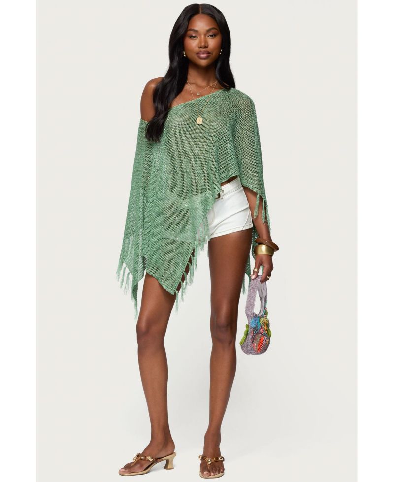 Women's Sequin Fringe Knit Poncho