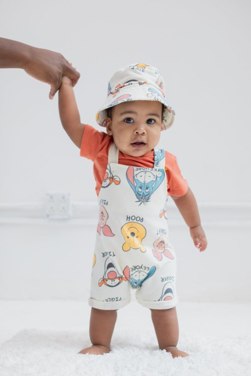 Baby Boys Tigger French Terry Short Overalls T-Shirt and Hat 3 Piece Outfit Set