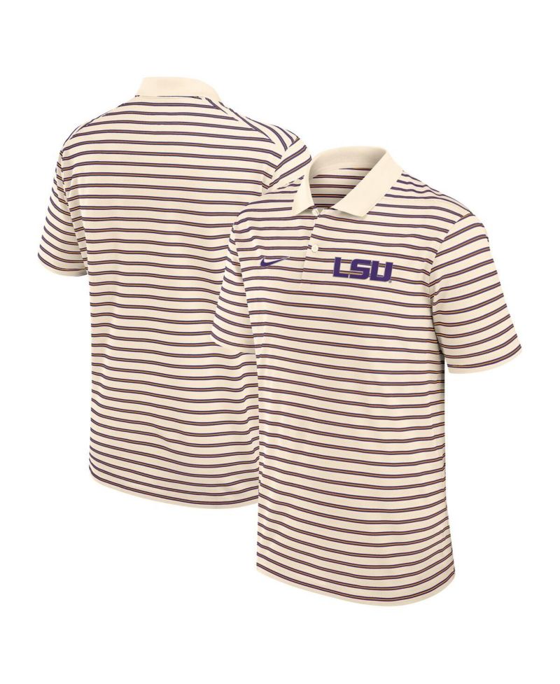 Men's Cream/Purple LSU Tigers Solid Foundation Striped Performance Polo Shirt
