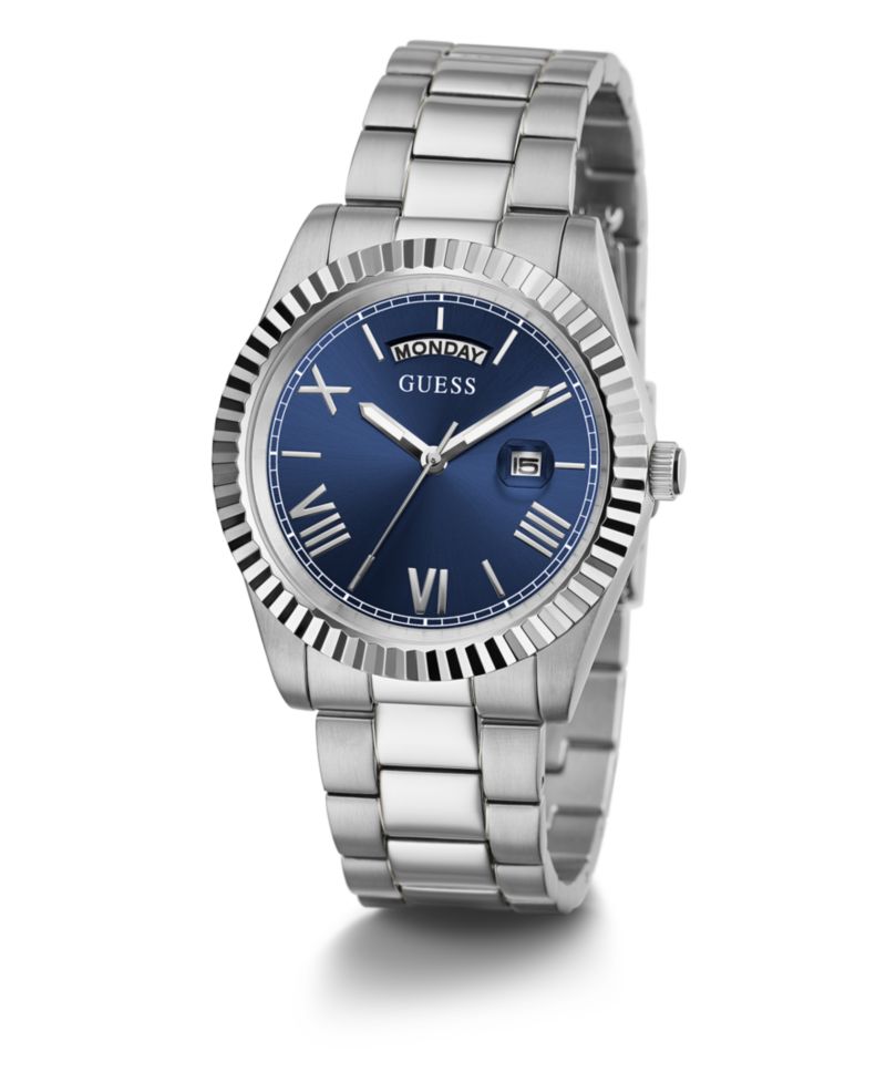 Men's Silver-Tone Stainless Steel Bracelet, Day, Date Watch, 42mm