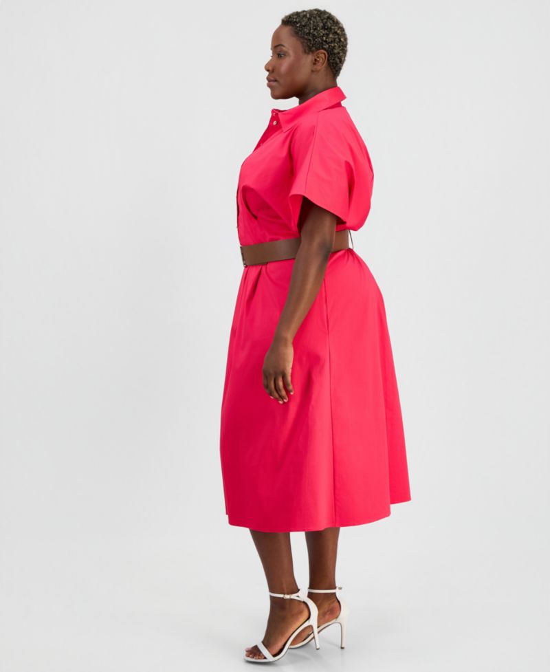 Plus Size Belted Pleated Midi Shirtdress