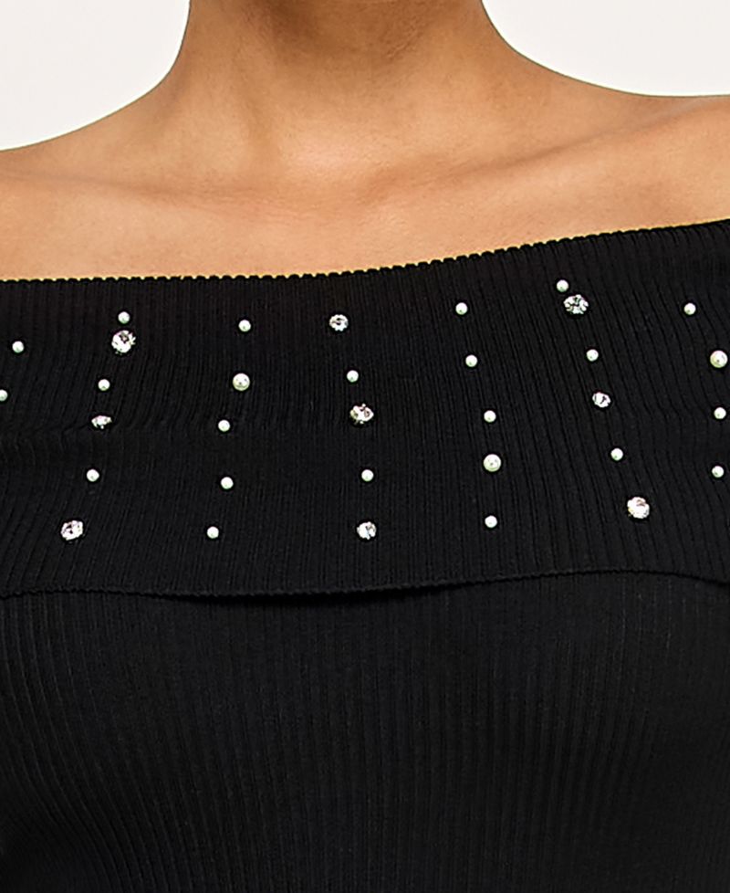 BCX Juniors Off The Shoulder Rhinestone Fitted Sweater Dress