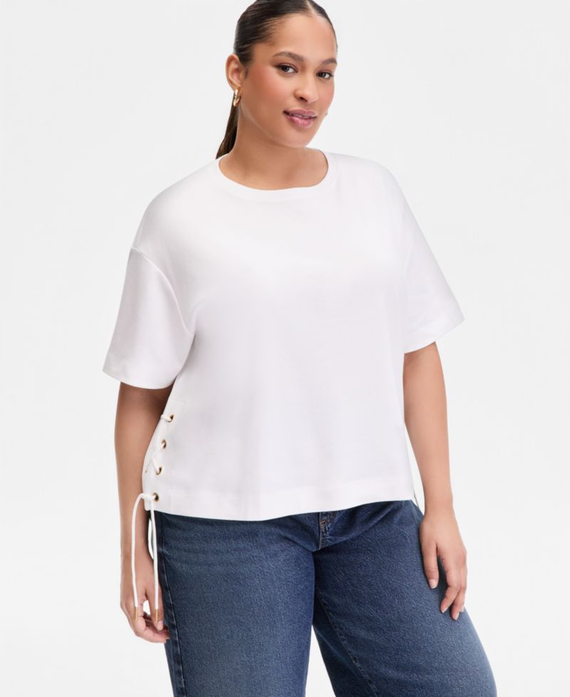 Plus Size Lace-Up-Side Cotton T-Shirt