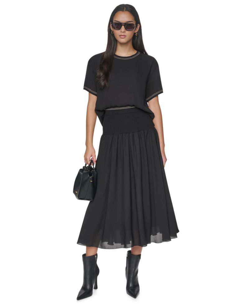 Women's Contrast Stitch Mixed-Media High-Waisted Midi Skirt