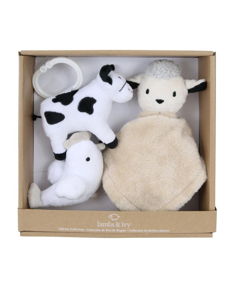 Lambs and Ivy Farm 3-Piece Infant/Baby Plush Toy Gift Set - Sheep, Cow, Chicken