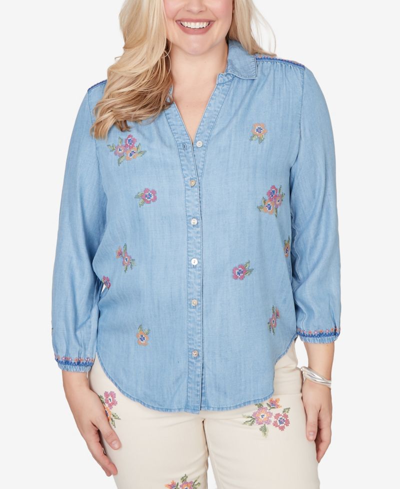 Women's Beachcomber Floral Embroidered Button-Front Top